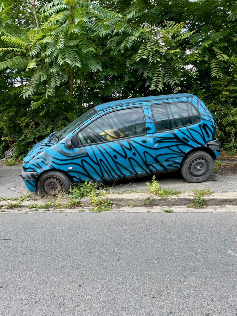 voiture abandonnée oeuvre street art moyoshi paris Twingo Renault